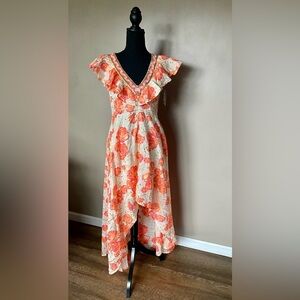 BOSTON PROPER NWOT cotton hi-low dress orange cream floral ruffle sz 4 beaded